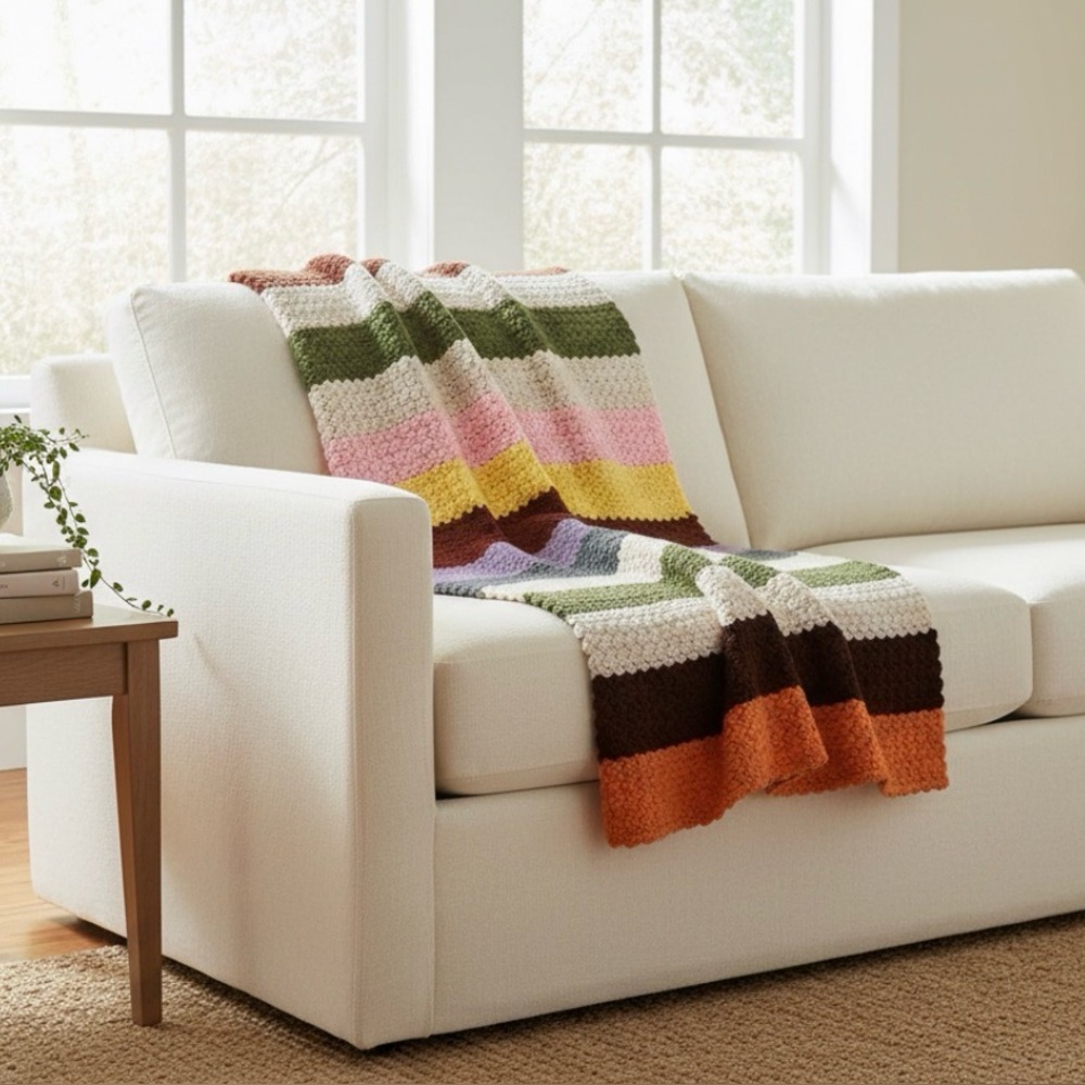 Crocheted Afghan Throw 59" x 43" Handmade Striped‎ Blanket Boho Vintage